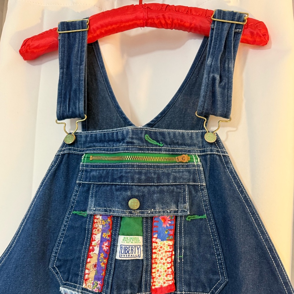 Upcycled  Denim Overalls with Colorful Patch Trim